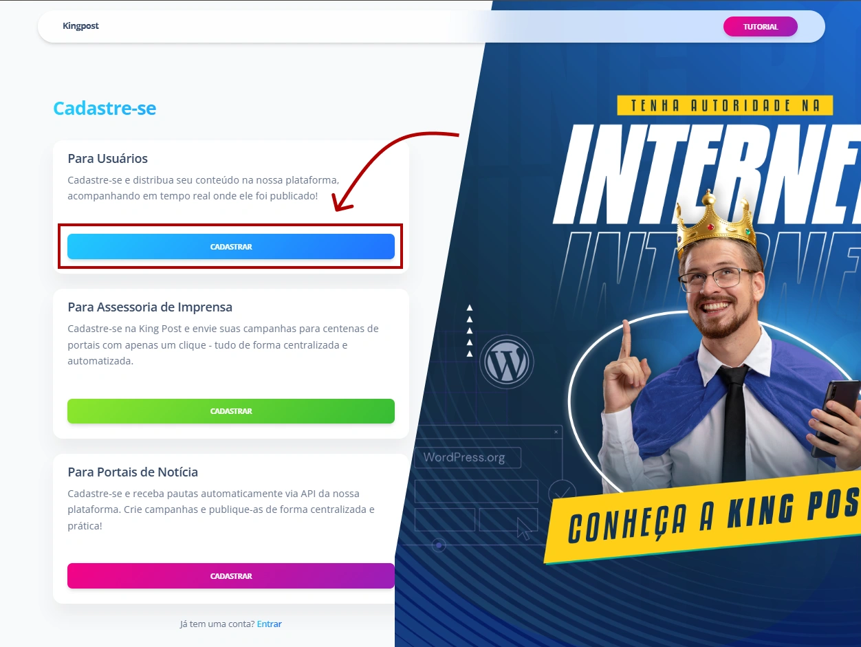 Tela de login da King Post para usuários