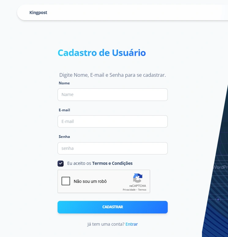 Tela de login usuário comum