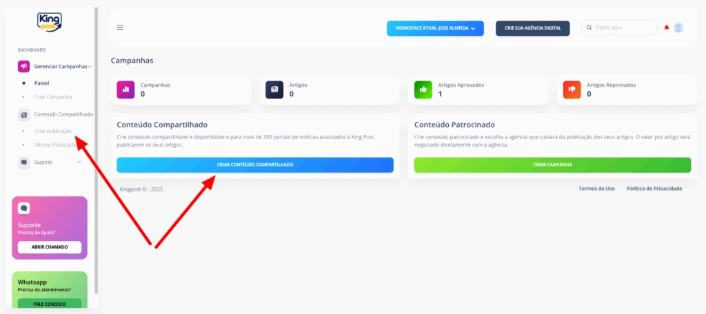 Painel de gerenciamento de postagens da King Post
